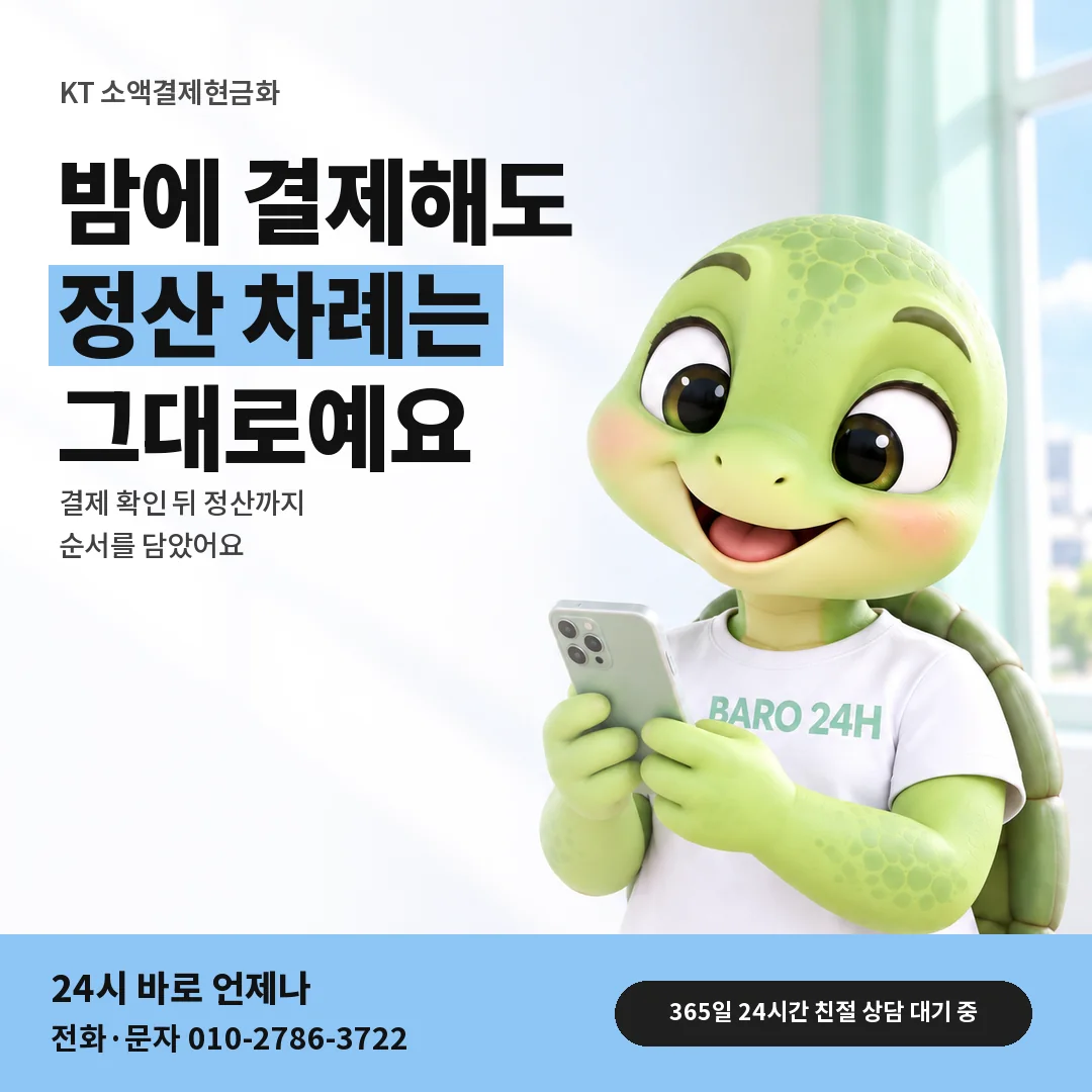 BARO 24H 티셔츠를 입은 3D 거북이 캐릭터 옆에 「KT 늦은 밤 결제와 정산」 제목을 얹은 안내 카드